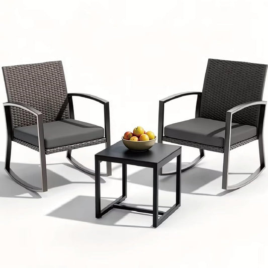 Rocking Patio Bistro Sets - All-Weather - 3 Piece Rattan Conversation Furniture Set, Wicker Outdoor Front Porch Chair for Balcony, Porch, Garden, Backyard, Poolside,Medium Gray