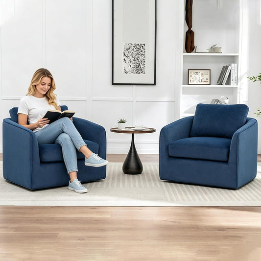 Swivel Accent Chairs Set of 2, Oversized Swivel Barrel Chair with High Density Foam, Velvet Fabric Reading Chairs, Upholstered Armchair for Living Room, Bedroom, No Assembly, Blue