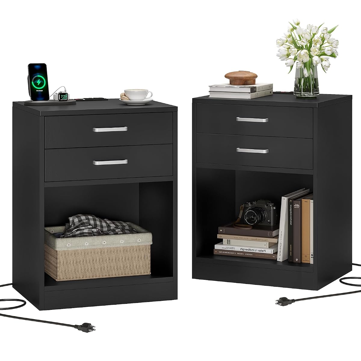 Black Nightstand Set of 2,Bedside Table with Drawers