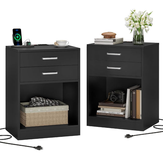 Black Nightstand Set of 2,Bedside Table with Drawers