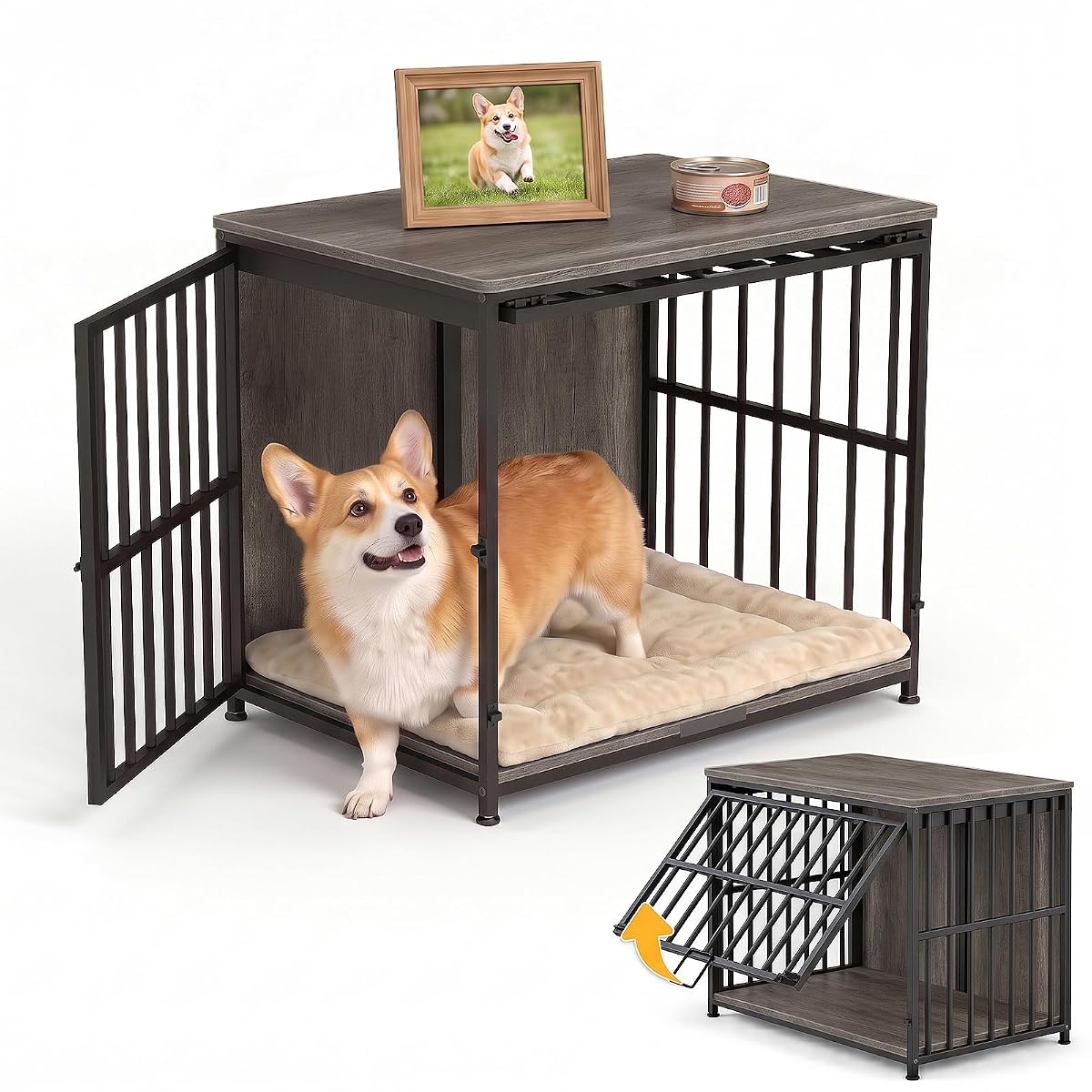 31.5IN Dog Crate Furniture, Wooden Dog Kennel with Flip-Up Door