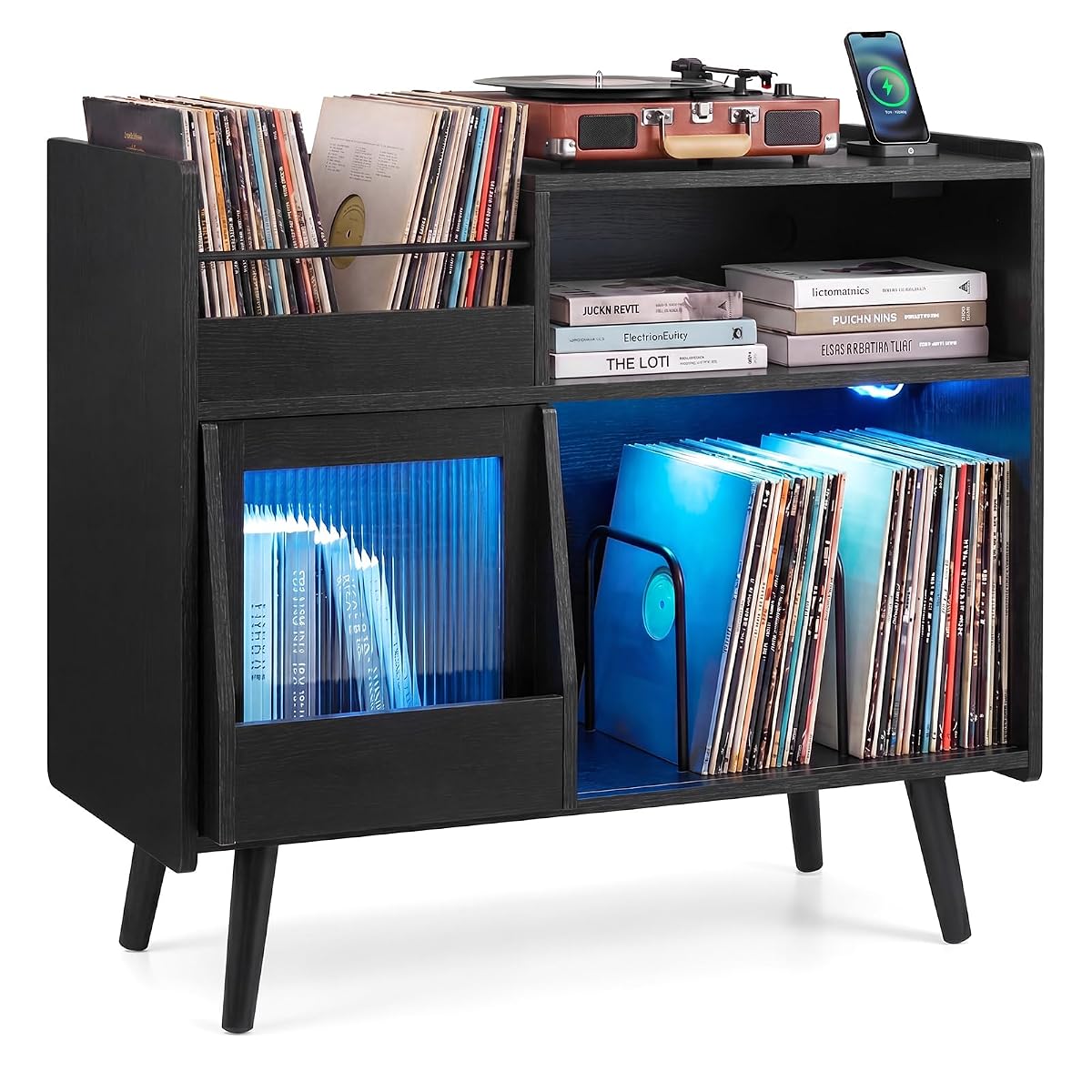 Large Record Player Stand with LED Light & Sliding Door, Black