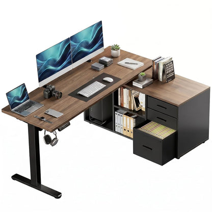 55 Inch L Shaped Standing Desk with Drawers, Electric Executive Desk with File Cabinet Sets, Adjustable Height Stand Up Desk, Home Office Computer Desk with 4 Memory Presets, Walnut