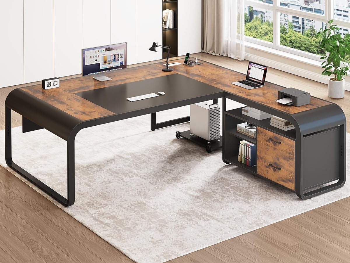 61 Inch Executive Desk, Large Office Desk with File Drawer, L Shaped Desk with Drawers, Computer Desk with Mobile CPU Stand, Storage Shelves, Power Outlets for Home Office, Rustic Brown