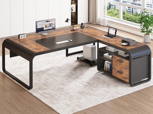 61 Inch Executive Desk, Large Office Desk with File Drawer, L Shaped Desk with Drawers, Computer Desk with Mobile CPU Stand, Storage Shelves, Power Outlets for Home Office, Rustic Brown