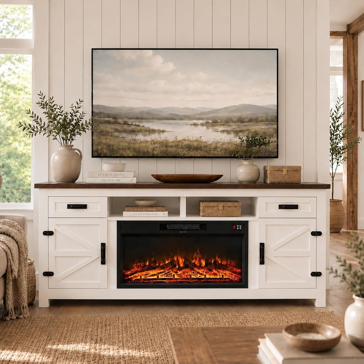 Farmhouse Fireplace TV Stand with Barn Door, 80 inch, White