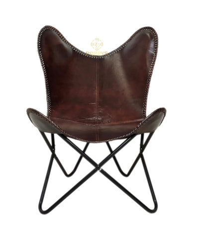 Leather Butterfly Chair with Folding Iron Frame - Handmade Dark Brown Accent Lounge Chair for Living Room, Bedroom, Patio