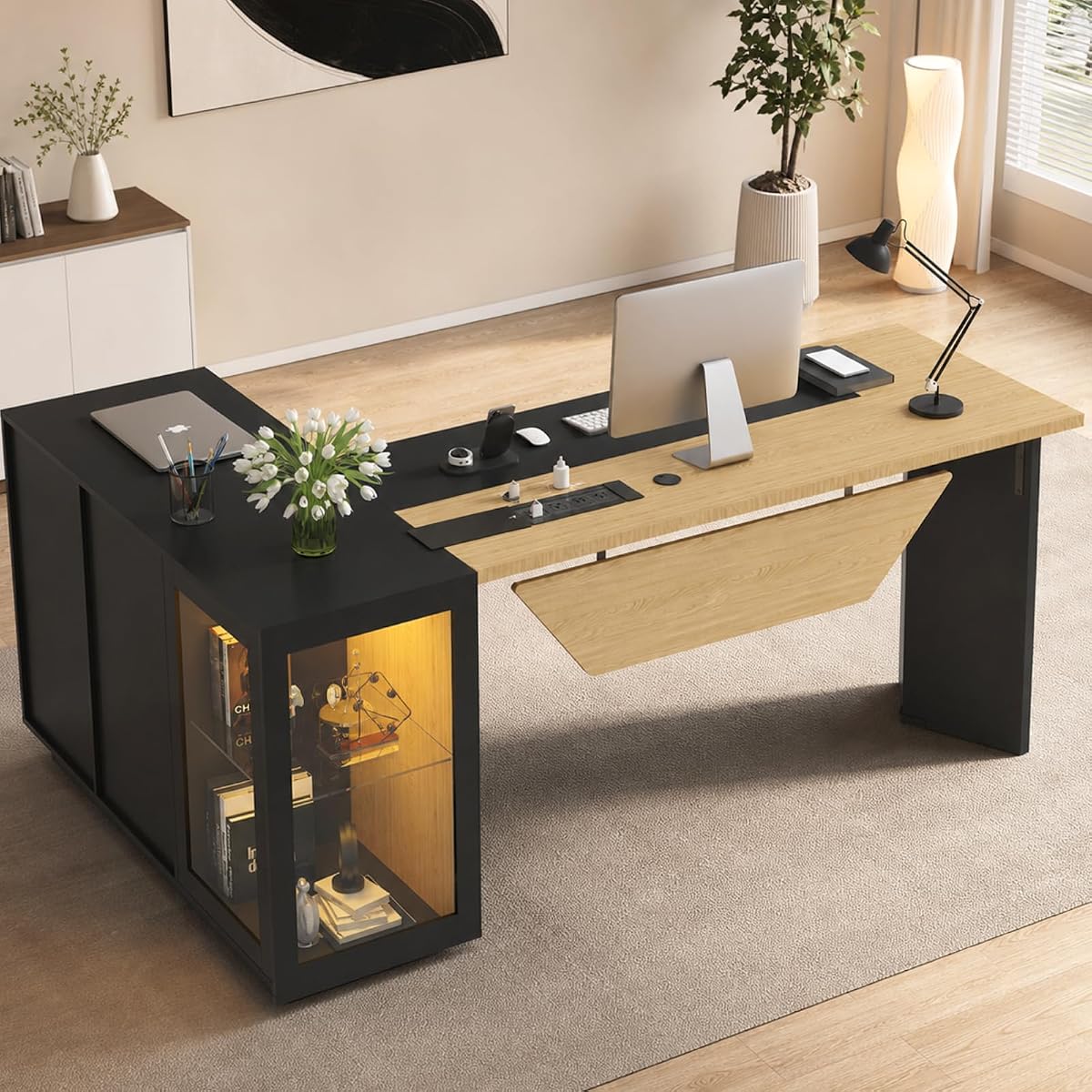 74.4" L-Shaped Executive Desk, Large Office Desk, Black + Light Wood