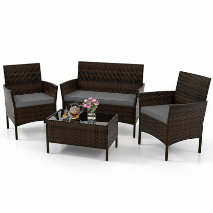 4 Piece Patio Furniture Set, Outdoor Rattan Conversation Set with Loveseat, Wicker Chairs, Tempered Glass Coffee Table, Wicker Patio Set for Backyard, Porch (Grey)