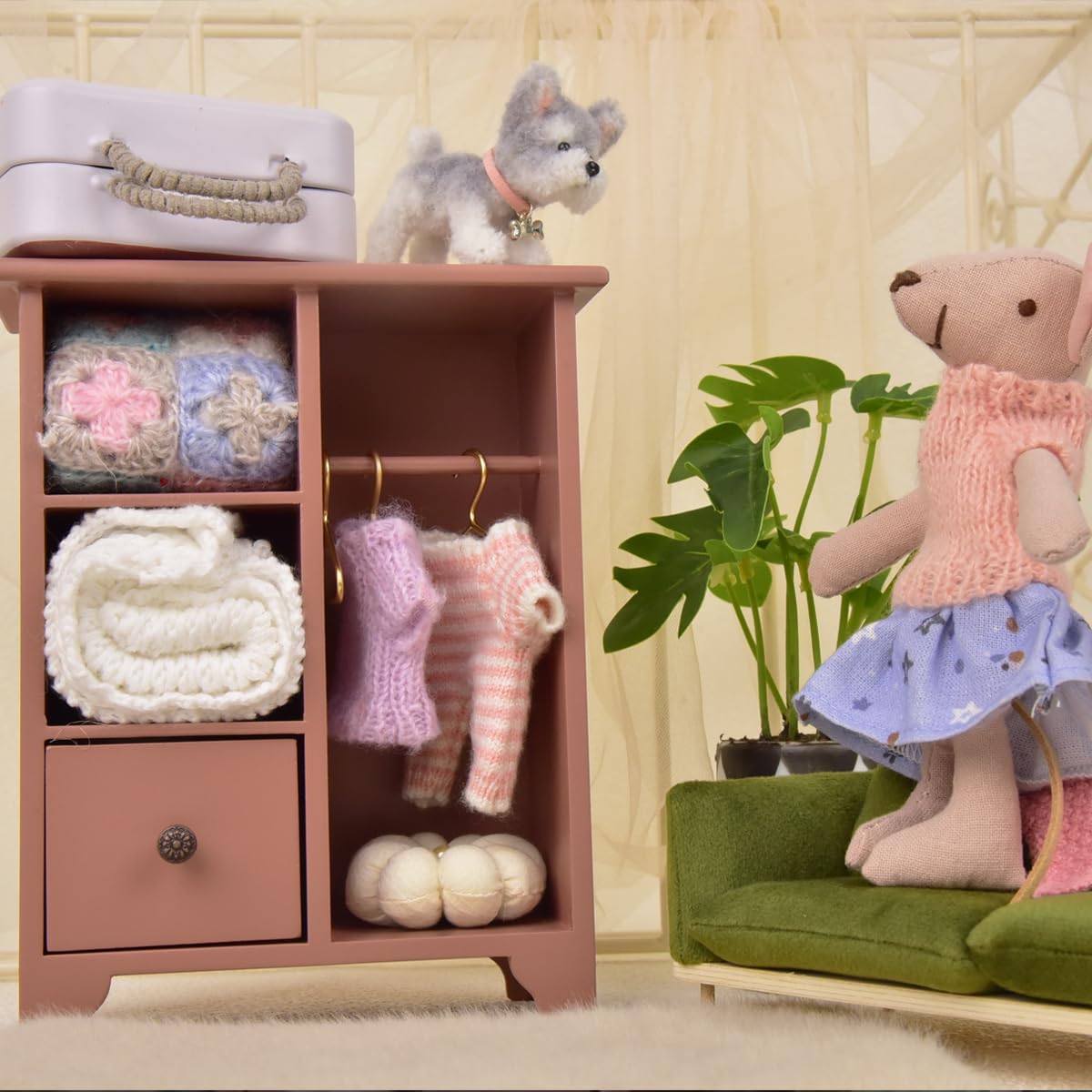 Funy Mini House 1/12 Scale Wood Dollhouse Furniture Wardrobe - Miniature Bedroom Furniture Closet with 3 Hangers Sliding Drawer for BJD/OB11 Birthday Holiday for 3+ Year Old (Pink)