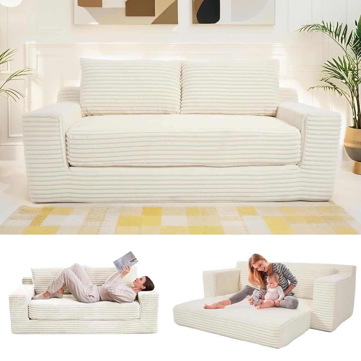 Boneless Couch, 2 in 1 Convertible,71" Corduroy Cloud Loveseat Sofa,Memory Foam Couch in a Box,No Assembly Small Sofa for Living Room,Apartments, Home Office,Bedroom-Beige