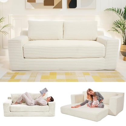 Boneless Couch, 2 in 1 Convertible,71" Corduroy Cloud Loveseat Sofa,Memory Foam Couch in a Box,No Assembly Small Sofa for Living Room,Apartments, Home Office,Bedroom-Beige