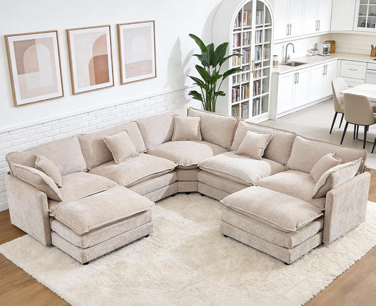 Oversized Modular Sectional Sofa, 7 Seater Deep Seat Cloud Couch Sectional | Chenille Corner Couch | 7 Pillows, 2 Ottomans | Sectional Couches for Spacious Living Room, Large Families| Light Camel