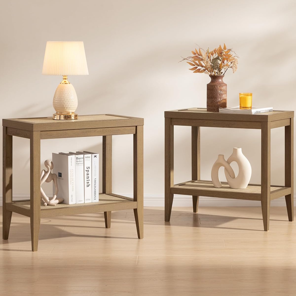 Rattan Nightstands Set of 2 Bedside Table - Boho Narrow End Table Living Room Set of 2 Side Table with Storage Shelves for Small Space - Natural Oak
