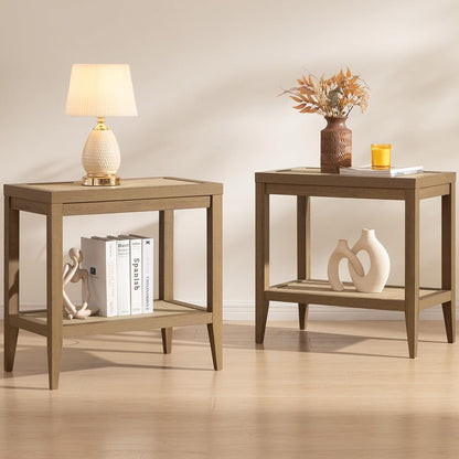 Rattan Nightstands Set of 2 Bedside Table - Boho Narrow End Table Living Room Set of 2 Side Table with Storage Shelves for Small Space - Natural Oak