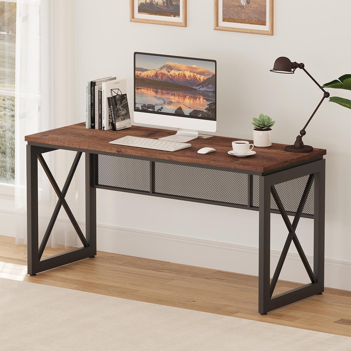 60 Inch Computer Desk for Home Office, Industrial Metal Wood Desks, Farmhouse Large Writing Table, Modern Sturdy Gaming Desk (Rustic Oak)