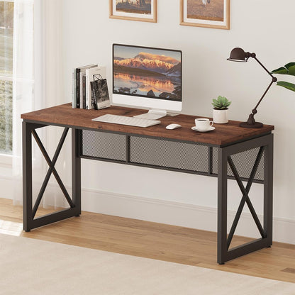 60 Inch Computer Desk for Home Office, Industrial Metal Wood Desks, Farmhouse Large Writing Table, Modern Sturdy Gaming Desk (Rustic Oak)