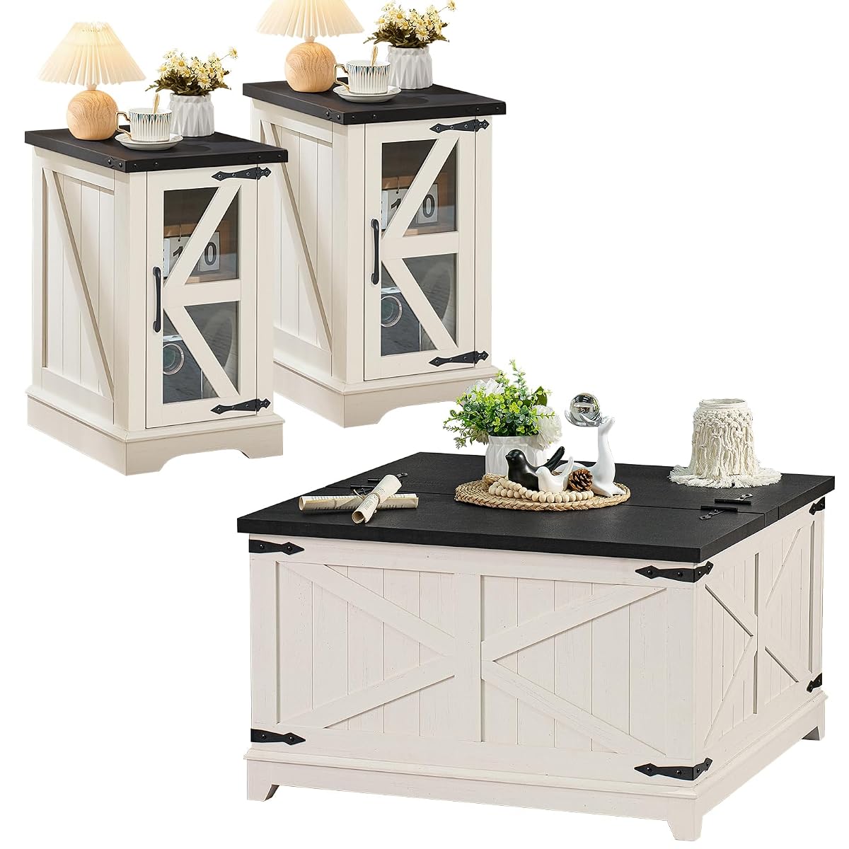Farmhouse Coffee Table Sets 3 Pieces, Narrow Night Stand with Glass Barn Door Storage, Large Coffee Tables with Hidden Storage Organizer, Wood Furniture Sets for Living Room, Office, White