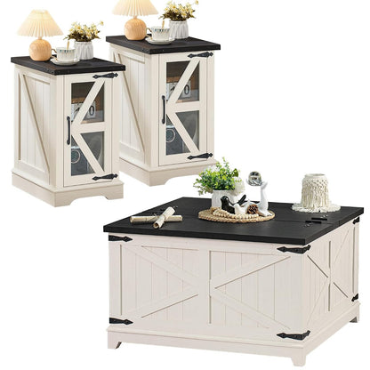 Farmhouse Coffee Table Sets 3 Pieces, Narrow Night Stand with Glass Barn Door Storage, Large Coffee Tables with Hidden Storage Organizer, Wood Furniture Sets for Living Room, Office, White