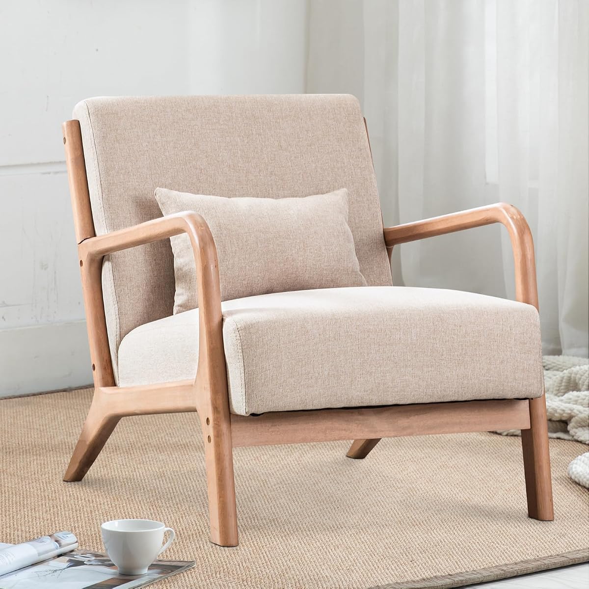 Mid Century Modern Accent Chair with Wood Frame, Upholstered Living Room Chairs with Waist Cushion, Reading Armchair for Bedroom Sunroom (Beige)