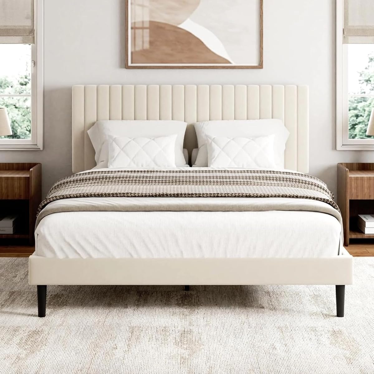 Queen Size Bed Frame with Velvet Upholstered Headboard