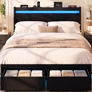 Queen Bed Frame with Drawers, Platform Bed with LED Lights & Charging Station, view 2