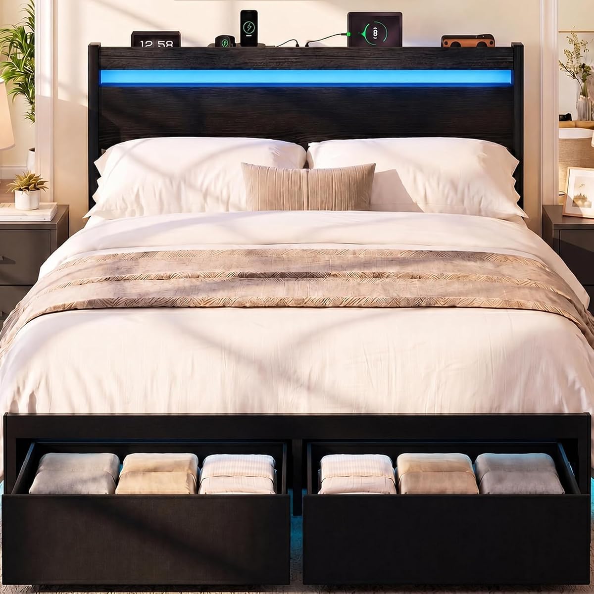 Queen Bed Frame with Drawers, Platform Bed with LED Lights & Charging Station