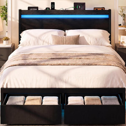 Queen Bed Frame with Drawers, Platform Bed with LED Lights & Charging Station