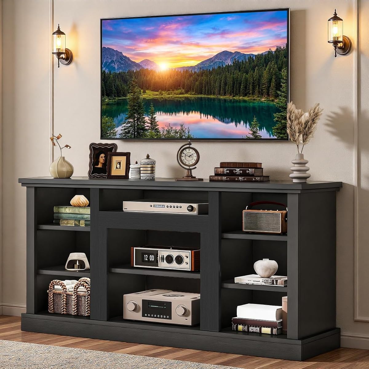 Farmhouse TV Stand with Adjustable Shelves & Open Storage, Black