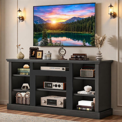 Farmhouse TV Stand with Adjustable Shelves & Open Storage, Black