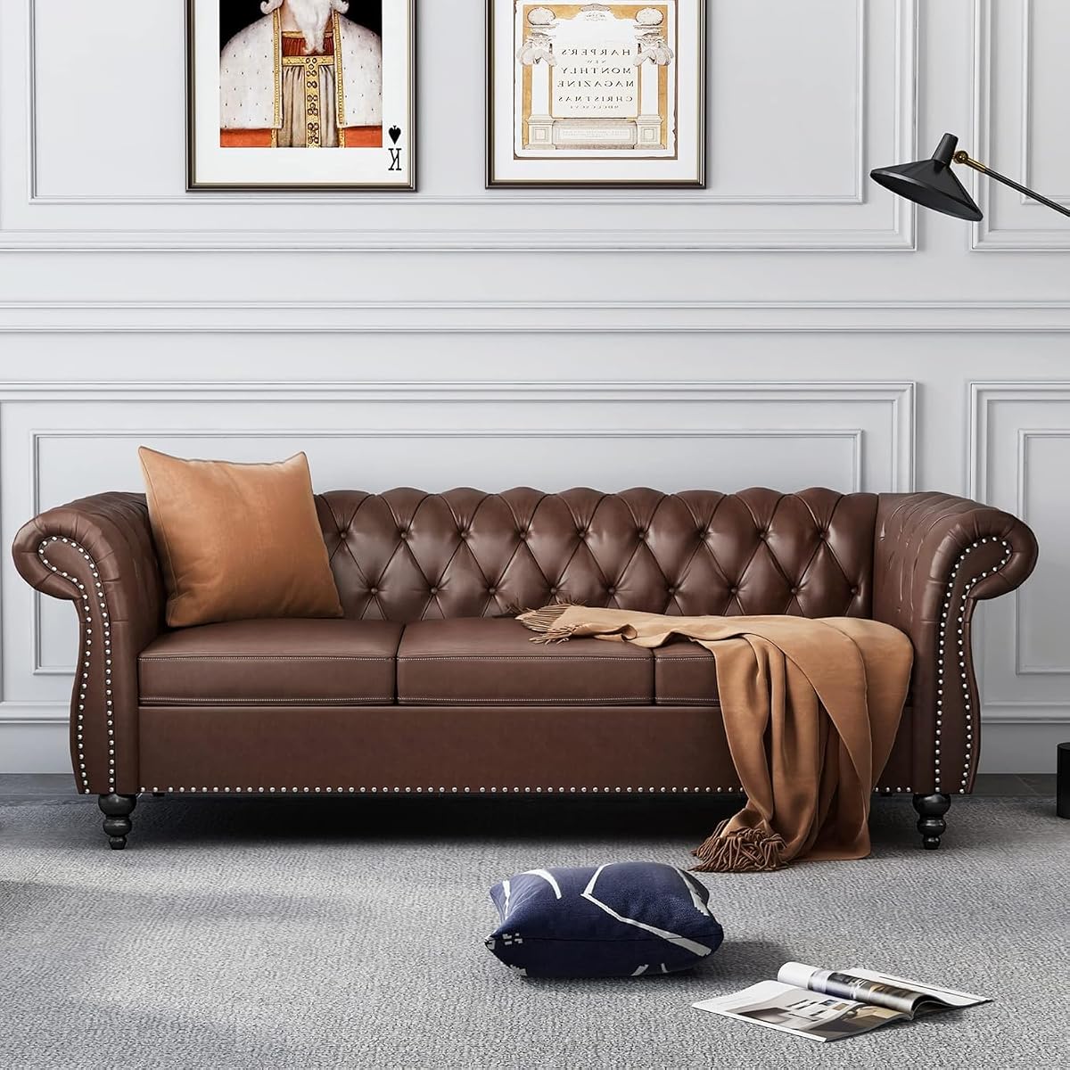 Chesterfield Leather Sofa 3 Seater Couch, Mid-Century Large Sofa Roll Arm Classic Tufted Settee Modern PU Sofa with Channel Tufted Seat Back for Living Room, Office, Apartment, PU Brown