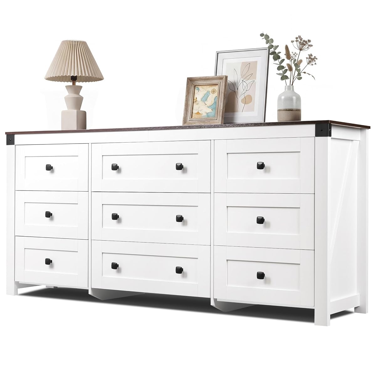 9-Drawer 62.2"W Farmhouse TV Stand for TVs up to 70 Inches, White