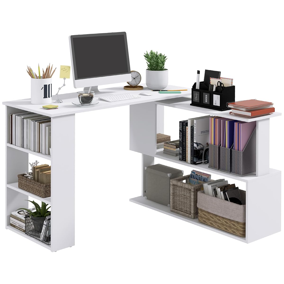 47 Inch L Shaped Desk, Corner Computer Desk, 360 Degree Rotating Home Office Desk with Storage Shelves, Writing Table Workstation, White