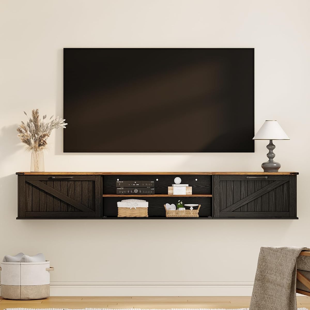 70" Farmhouse Floating TV Stand with Filp Doors for TVs up to 90", Black