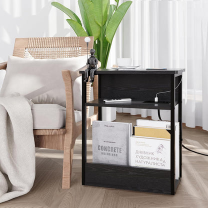 Narrow Side Table with Charging Station, 3 Tier Slim End Table for Small Spaces, 23.6 Inch Height Thin Tables with Storage Shelf and Magazine Rack for Living Room, Black