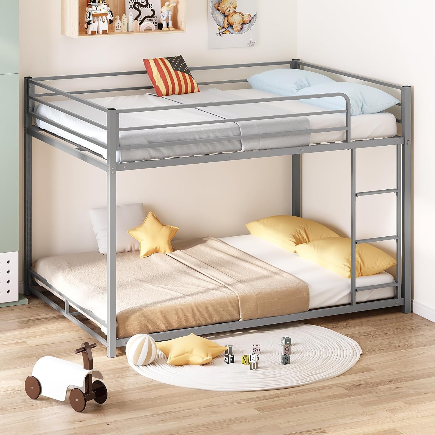 Metal Bunk Bed Full over Full, Twin Size Bed Frame for Boys Girls, Junior, Low Profile Bunk, Space Saving Design, Mattress Not Included (Silver)