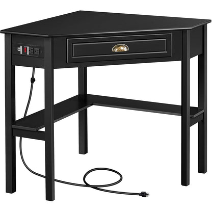 Yaheetech L Shaped Computer Desk Corner Table with Charging Station Outlets for Small Space, 90 Degree Triangle Desk Home Office Table with Drawer and Storage Shelf for Workstation, Living Room, Black