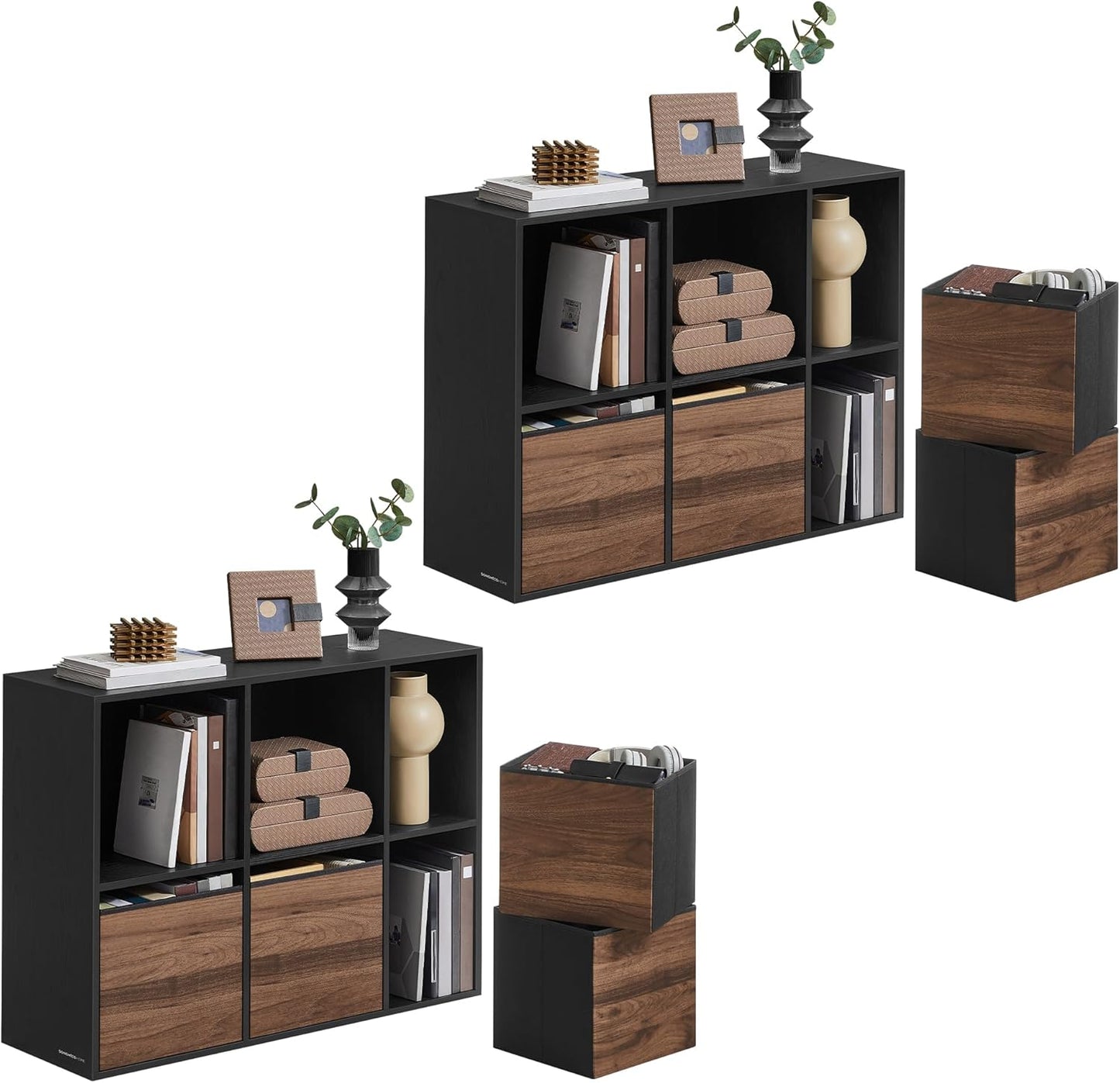 HOME Bookshelf, Superfast Toolless Assembly, Cube Storage Organizer with 6 Compartments, Bookcase, 4 Fabric Drawers, 10.6 X 32.7 X 24.3 Inches, Natural Walnut and Ebony Black ULBC196B01