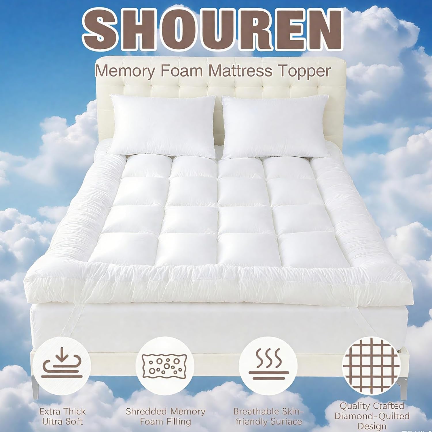 4 Inch Memory Foam Mattress Topper Queen for Back Pain, Extra Soft Pillow Top Mattress Topper, 2000GSM Fluffy Shredded Memory Foam Filled & Thicked down Alternative-Lined 80X60X4In