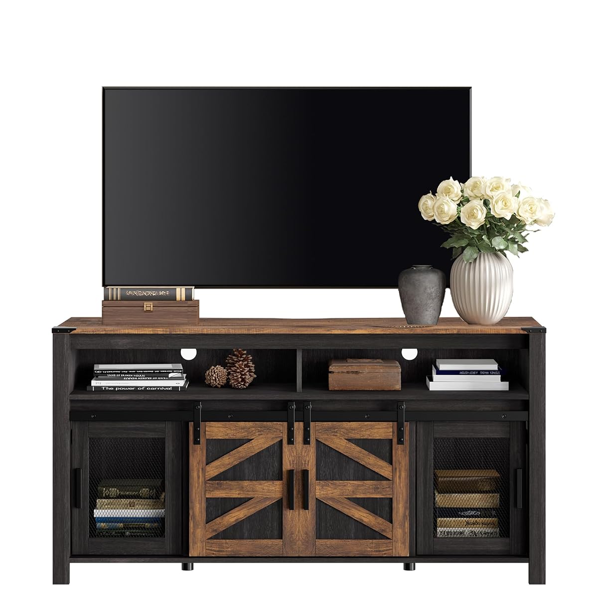 Tall Farmhouse TV Stand for 65 Inch TV, Rustic Brown and Black