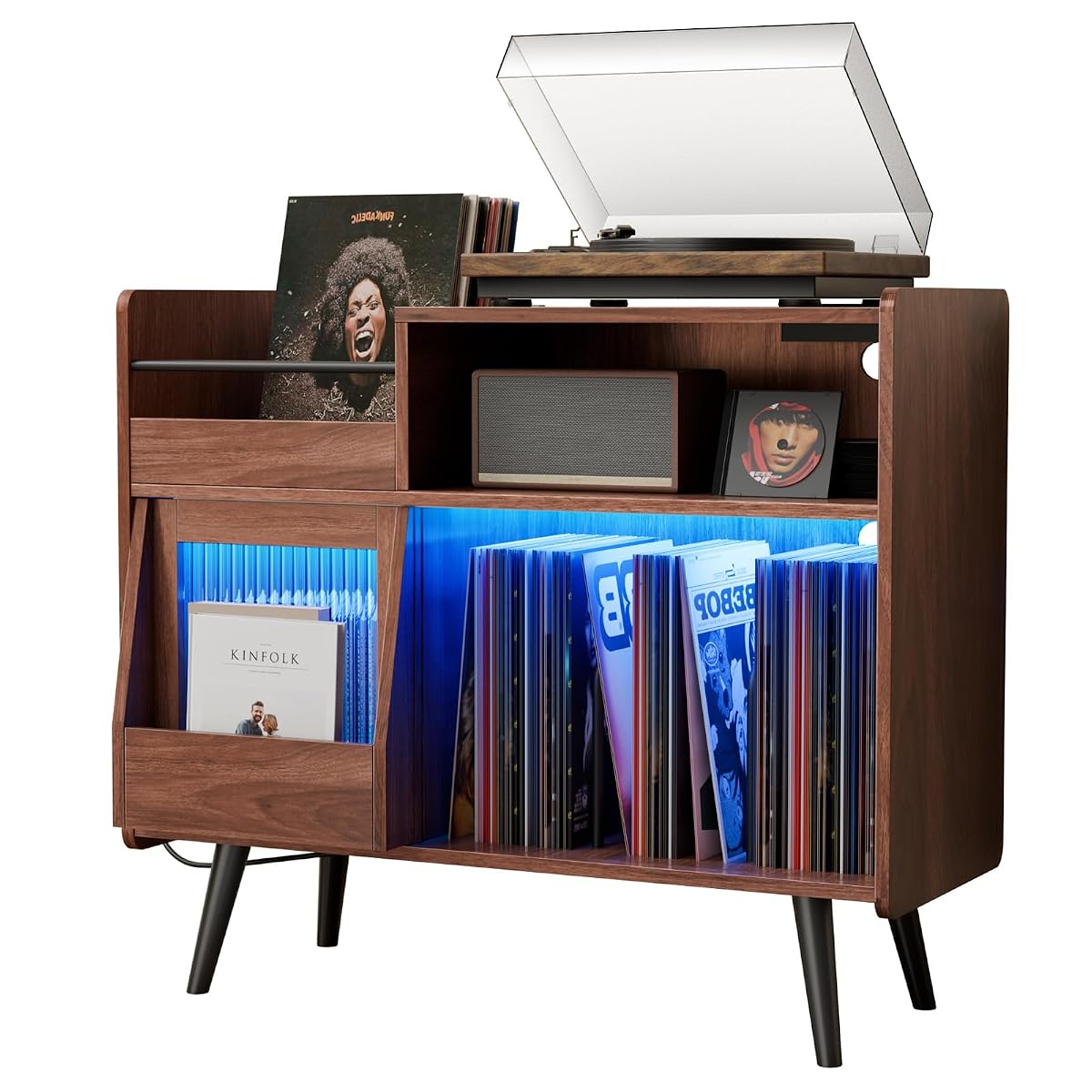 Large Record Player Stand,Turntable Stand Shelf w/Power Outlet & LED Light
