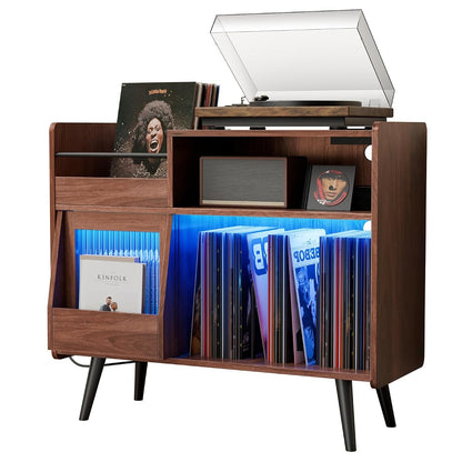 Large Record Player Stand,Turntable Stand Shelf w/Power Outlet & LED Light