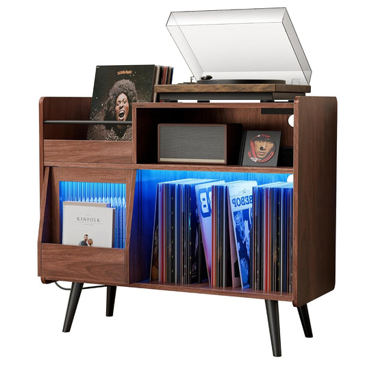 Large Record Player Stand,Turntable Stand Shelf w/Power Outlet & LED Light