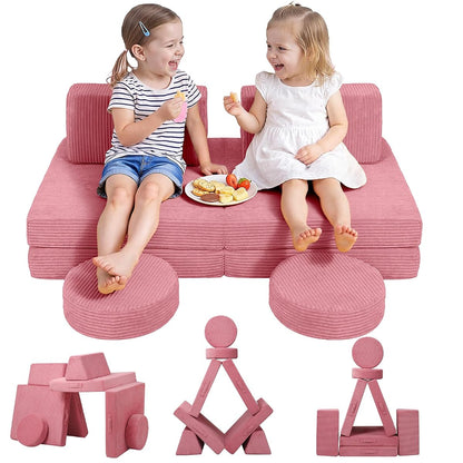 Kids Couch for Playroom, Corduroy Convertible Toddler Couch, 8 Piece Modular Play Sofa, Foam Fort Building Set for Child Room Furniture, Pink
