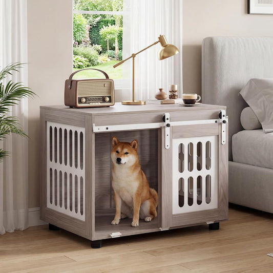 Farmhouse Wooden Dog Crate Furniture with Sliding Barn Door