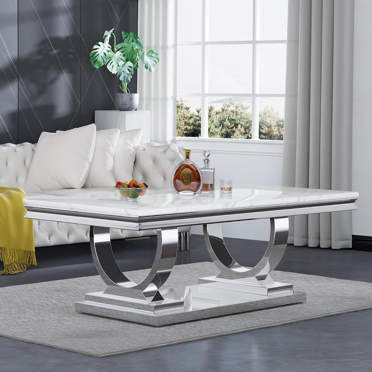 Modern Marble Coffee Table, Rectangular White and Silver with U-Shape Stainless Steel Base with Silver Mirrored Finish for Living Room, Simple Assembly (Silver3)