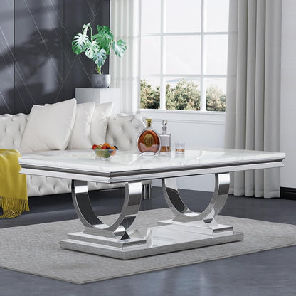 Modern Marble Coffee Table, Rectangular White and Silver with U-Shape Stainless Steel Base with Silver Mirrored Finish for Living Room, Simple Assembly (Silver3)