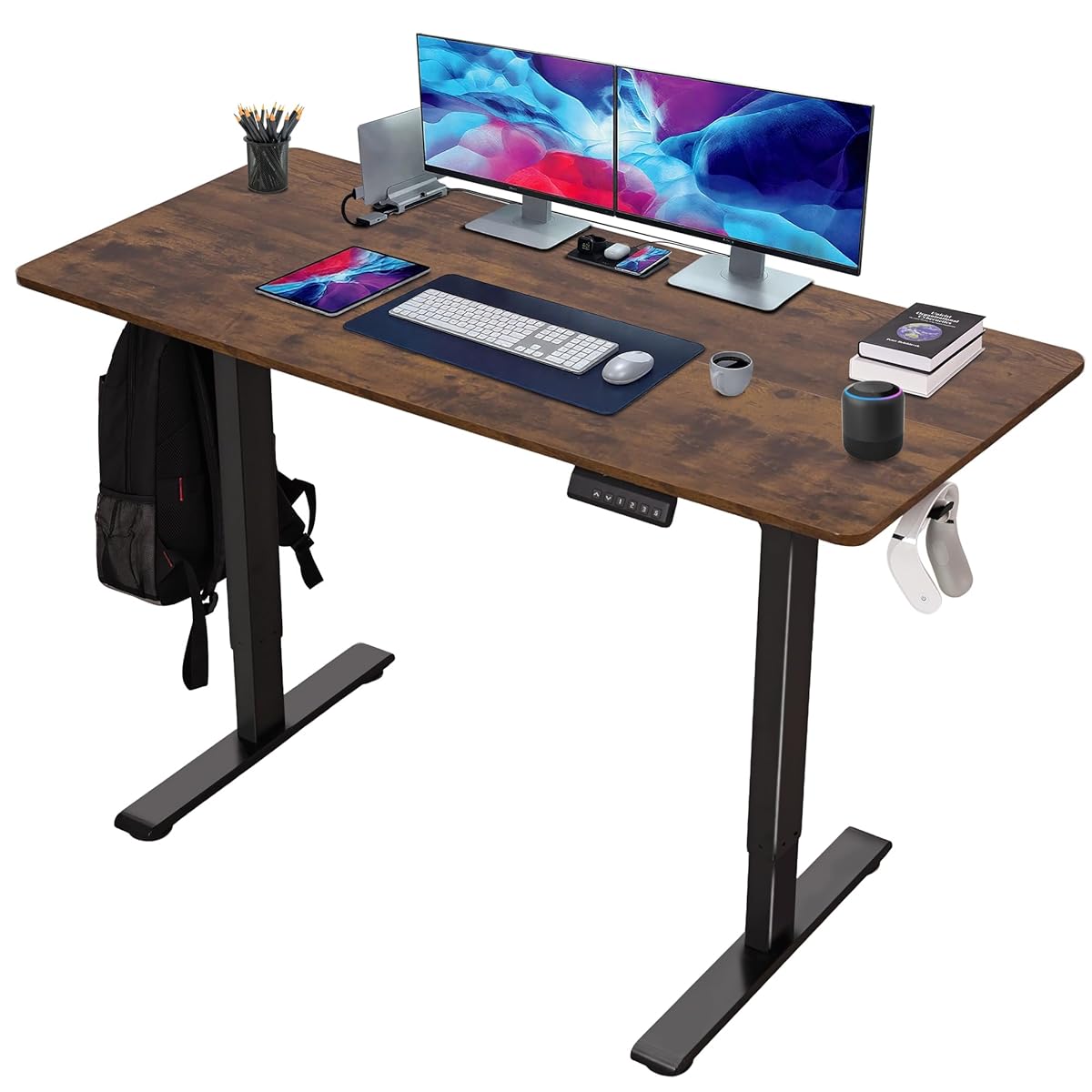 55"x24" Standing Desk Height Adjustable Electric Stand up Desks for Home Office Computer Sit Stand Desk with Two-Piece Desktop with Gap 3 Memory Presets T-Shaped Metal Support, Brown