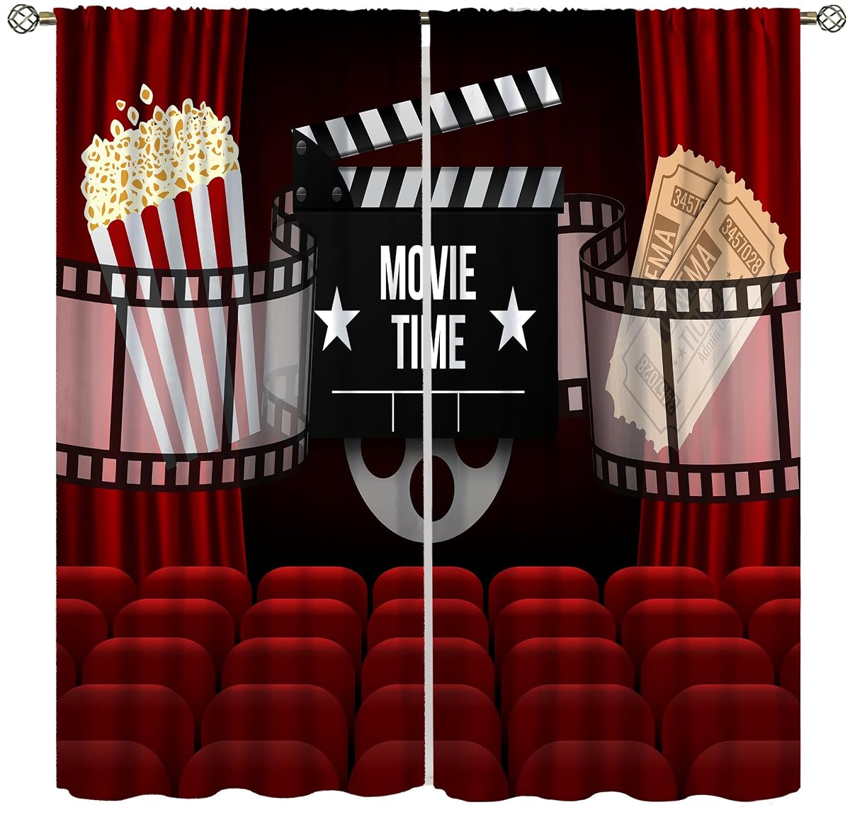 Movie Curtains, Red Curtain Popcorn Drinks Movie Tickets Lights Film Window Treatments Rod Pocket Drapes for Boys Girls Screening Bedroom Movie Theater 42x45in（No Blackout）