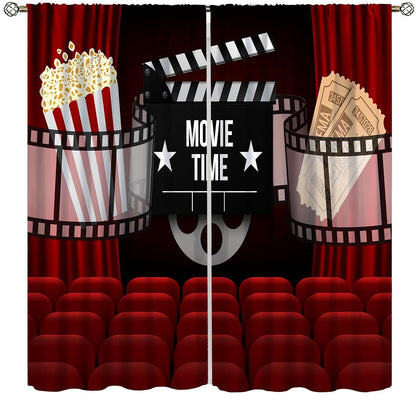 Movie Curtains, Red Curtain Popcorn Drinks Movie Tickets Lights Film Window Treatments Rod Pocket Drapes for Boys Girls Screening Bedroom Movie Theater 42x45in（No Blackout）